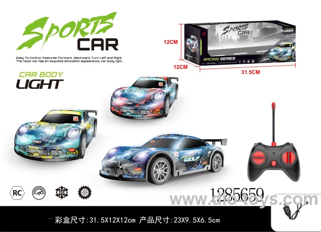 Four-way LED remote control car, product comes in mixed colors: blue, green, and red, with USB cable included