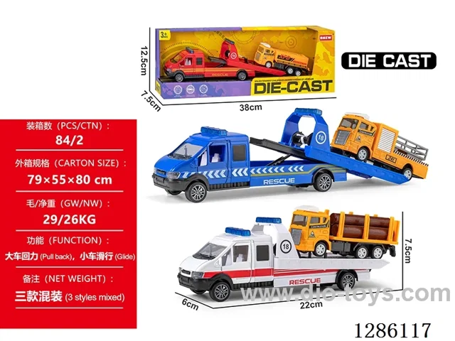 Alloy trailer + engineering vehicle - pull-back large car, free wheel small car - 3 mixed