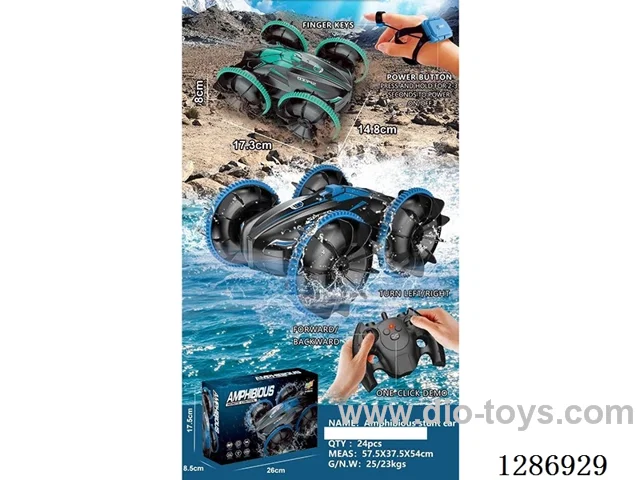 Dual-Remote Control, Amphibious Double-Sided RC Stunt Car with Lights, Blue/Jade Green (Battery Included)