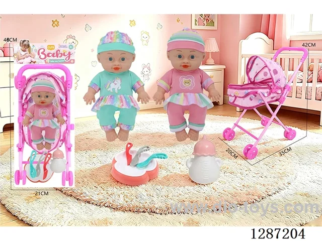 2 mixed 10-inch Dolls with 4-Voice IC + Tent Stroller + Bottle + Set of Knife, Fork, Spoon, and Plate