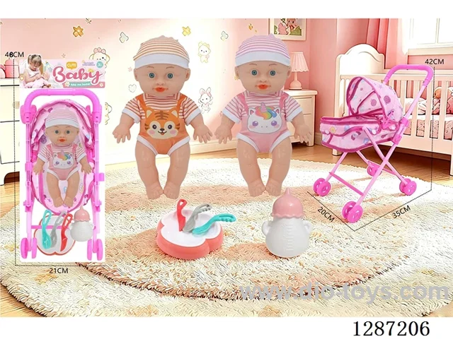 2 mixed 10-inch Dolls with 4-Voice IC + Tent Stroller + Bottle + Set of Knife, Fork, Spoon, and Plate