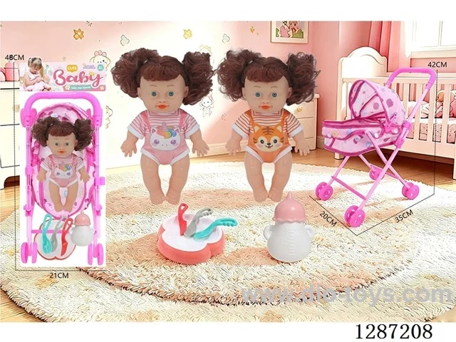 2 mixed 10-inch Dolls with 4-Voice IC + Tent Stroller + Bottle + Set of Knife, Fork, Spoon, and Plate