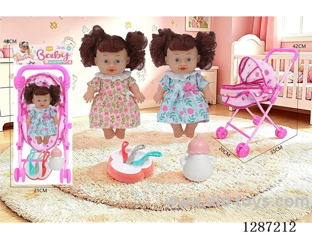 2 mixed 10-inch Dolls with 4-Voice IC + Tent Stroller + Bottle + Set of Knife, Fork, Spoon, and Plate
