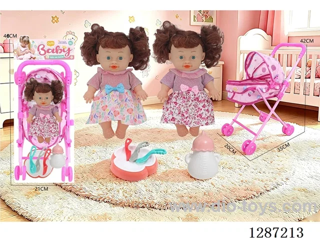 2 mixed 10-inch Dolls with 4-Voice IC + Tent Stroller + Bottle + Set of Knife, Fork, Spoon, and Plate