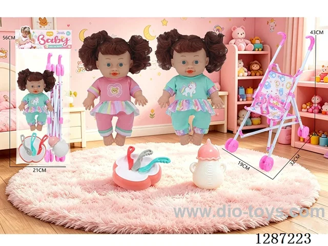2 mixed 10-inch dolls with 4-voice IC + stroller + bottle + knife, fork, spoon, and plate