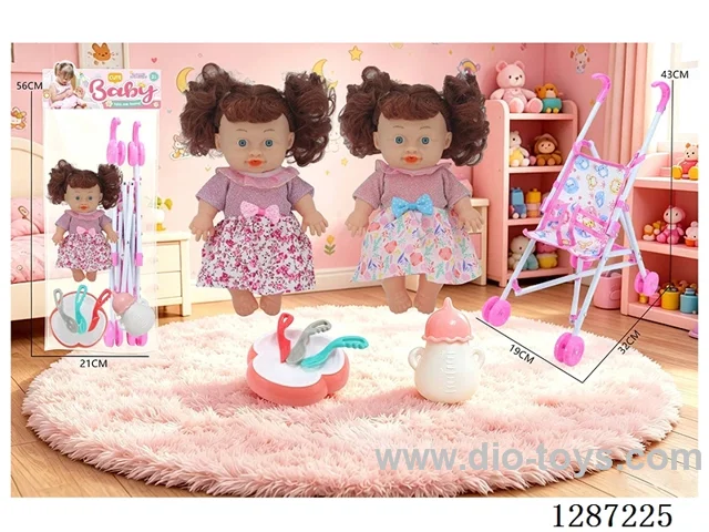 2 mixed 10-inch dolls with 4-voice IC + stroller + bottle + knife, fork, spoon, and plate