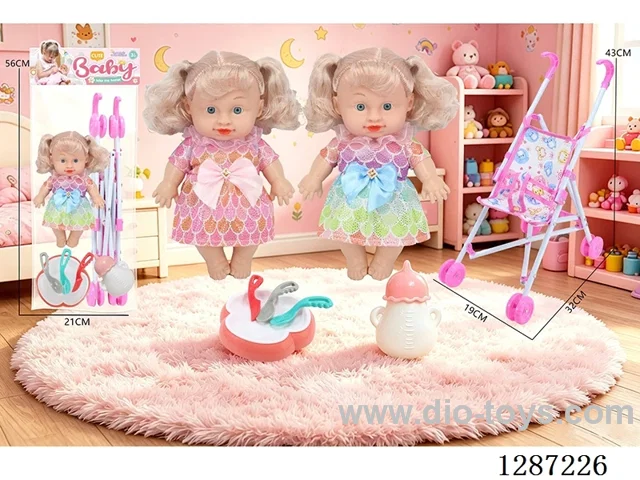 2 mixed 10-inch dolls with 4-voice IC + stroller + bottle + knife, fork, spoon, and plate
