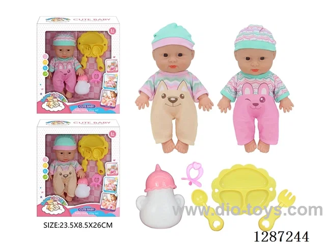 2 mixed 10-Inch Doll Set (Bottle + Pacifier + 3-PCS Tableware Set)