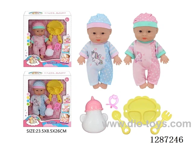 2 mixed 10-Inch Doll Set (Bottle + Pacifier + 3-PCS Tableware Set)