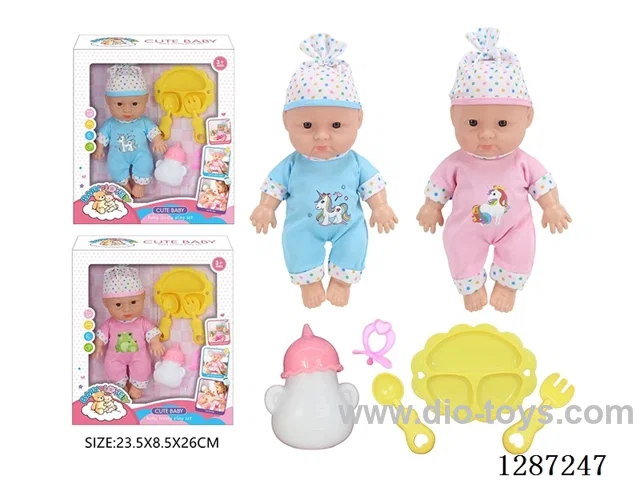 2 mixed 10-Inch Doll Set (Bottle + Pacifier + 3-PCS Tableware Set)