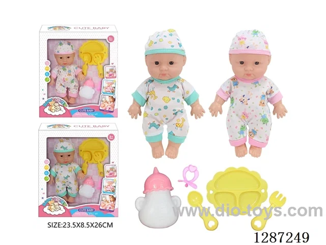 2 mixed 10-Inch Doll Set (Bottle + Pacifier + 3-PCS Tableware Set)