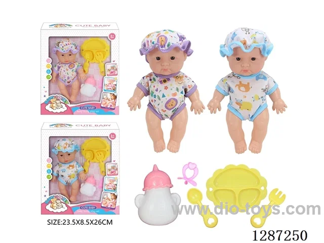 2 mixed 10-Inch Doll Set (Bottle + Pacifier + 3-PCS Tableware Set)