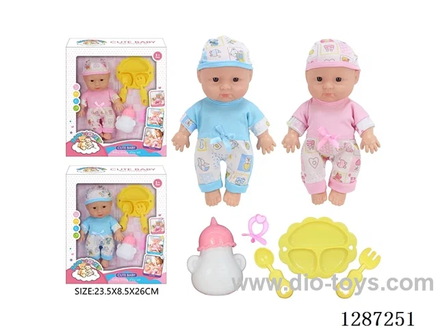 2 mixed 10-Inch Doll Set (Bottle + Pacifier + 3-PCS Tableware Set)