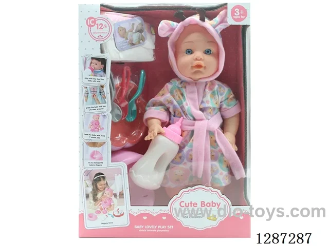 13-inch Bathrobe Doll Set: Drinks and Pee (Doll + Diaper + Bottle + 4-PCS Meal Set + Potty) with 12 Sound IC  (included battery)