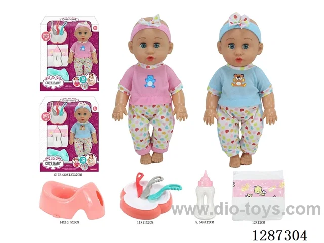 2 mixed 14-inch Moving-Eye Doll Drinking & Peeing (Doll + Diaper + Bottle + 4-PCS Meal Set + Potty) with 12 IC Sounds (included battery)
