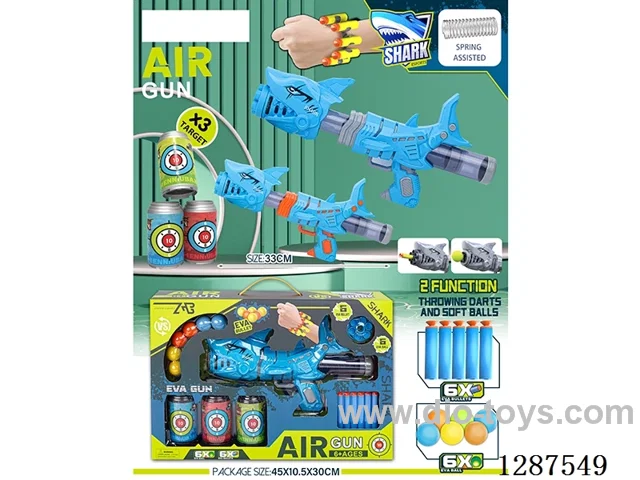 Spring Shark (Blue) Dual-Use Air-Powered Gun with 3 soda bottles (6 balls, 6 EVA bullets)