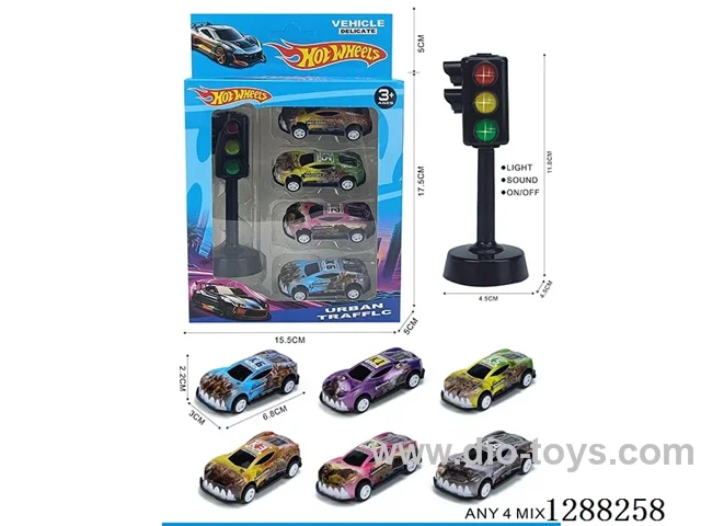 Traffic lights + 4 pull-back tin dinosaur cars