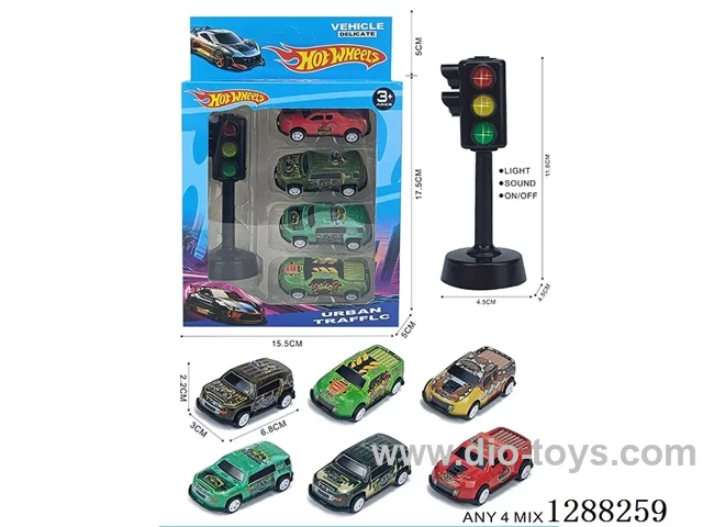 Traffic lights + 4 pull-back tin dinosaur cars