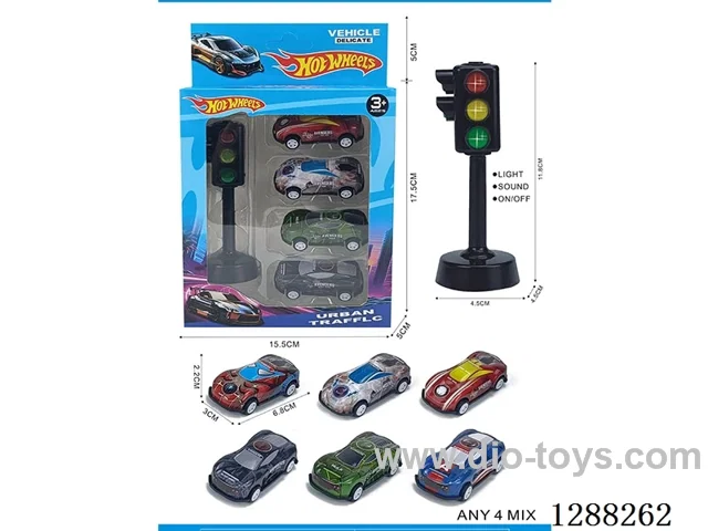 Traffic lights + 4 pull-back tin Avengers cars