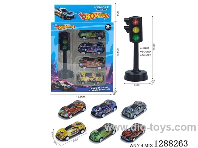 Traffic lights + 4 pull-back tin Avengers cars