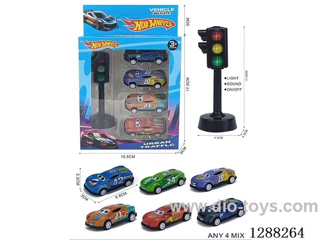 Traffic lights + 4 pull-back tin cars - Cars