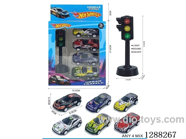 Traffic lights + 4 pull-back tin racing cars