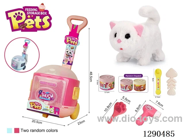 Pet Feeding Set - Electric Plush Kitten Feeding Toy with Storage Trolley (Blue/Pink, Random)not included battery