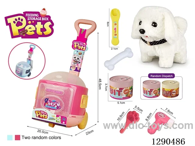 Pet Feeding Set - Electric Plush Puppy Feeding Toy with Storage Trolley (Blue/Pink, Random)not included battery