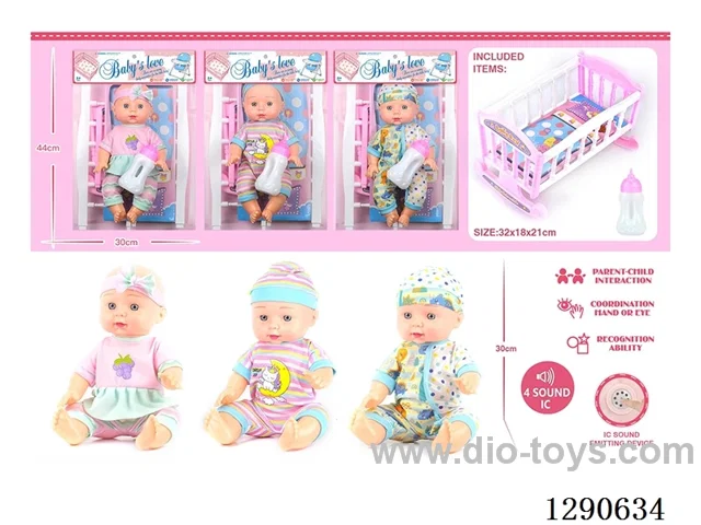 12-inch Rubber Head Blow-Molded Body Doll with Bottle and Crib (3 Styles)