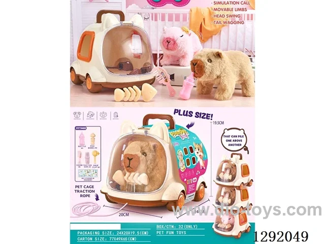 Electric Plush Capybara + Cage + Bottle + Lollipop + Comb + Fish Bone + 1 Sticker + Leash