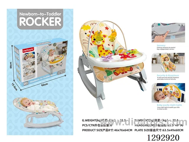 3-in-1 Musical Vibrating Baby Rocker + Feeding Tray + 3 Dinosaur Suction Cup Spinning Toys