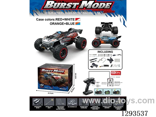 1:10 RC High-Speed Monster Truck (BURST MODE) Red/White or Blue/Orange, with Lights, Included Battery (RTR Version), Fully Eco-Friendly
