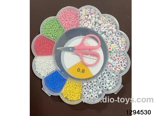 flower box with 12 compartments, mixed letters, and fine beaded design.Includes scissors and a wire box.