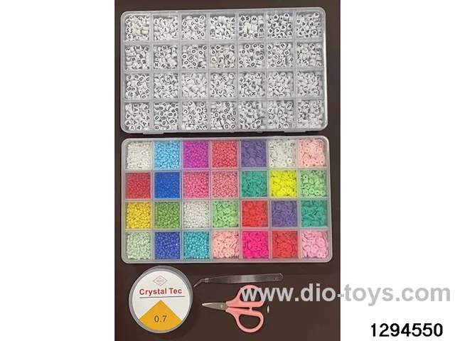 design with 28 fine beads + small polymer clay + 26 English letters (Includes scissors, thread box, and clips.)