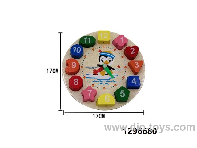 Wooden clock toy in Plastic film