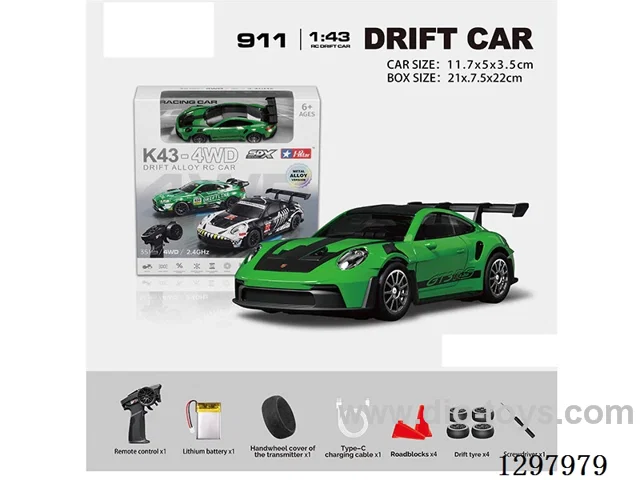 1:43 911 4WD RC Drift Die-Cast Car, 2.4G, Full-Scale (Gyro), Battery Included