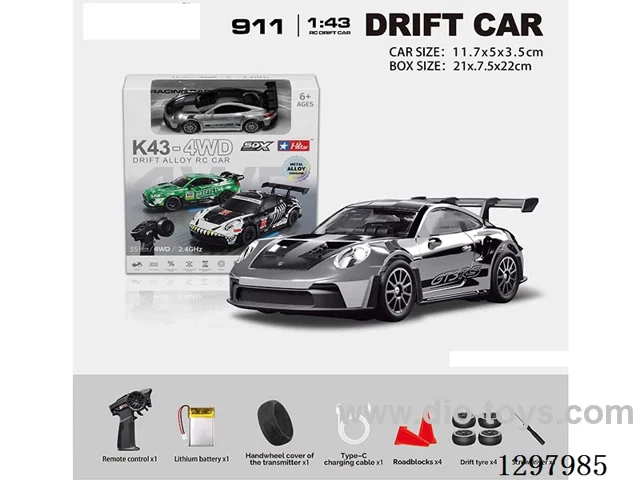 1:43 911 4WD RC Drift Die-Cast Car, 2.4G, Full-Scale (Gyro), Battery Included, Chrome-Plated