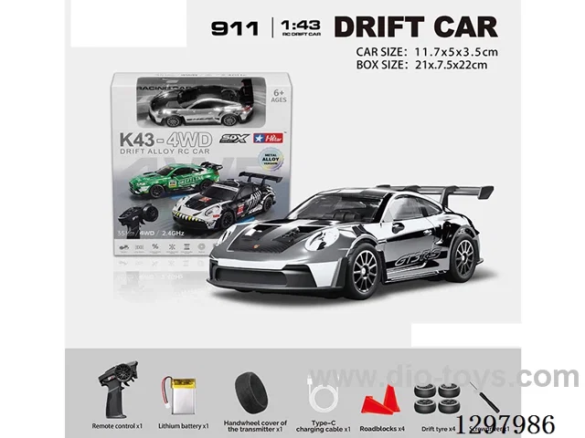 1:43 911 4WD RC Drift Die-Cast Car, 2.4G, Full-Scale (Gyro), Battery Included, Chrome-Plated