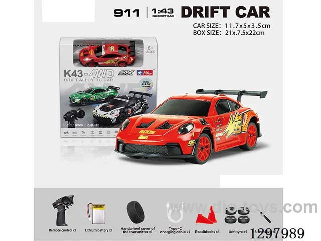 1:43 911 4WD RC Drift Die-Cast Car, 2.4G, Full-Scale (Gyro), Battery Included, Painted
