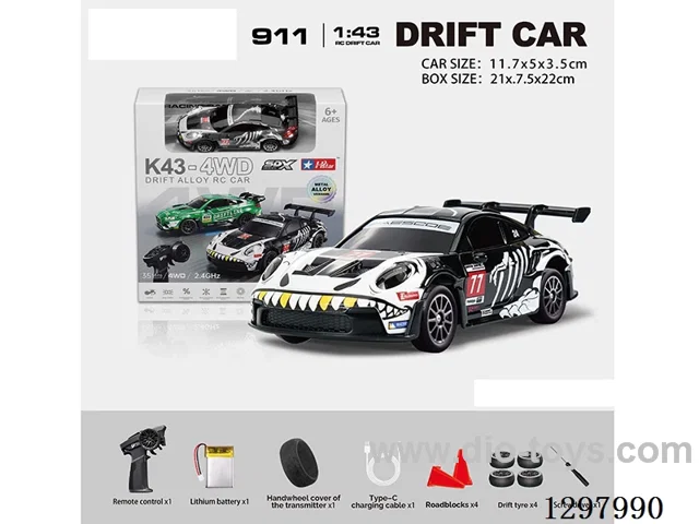 1:43 911 4WD RC Drift Die-Cast Car, 2.4G, Full-Scale (Gyro), Battery Included, Painted