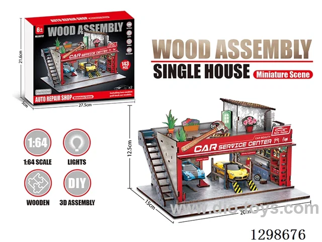 Wooden Toy Assembly Model Auto Repair Shop Scene + 2 random pull back cars