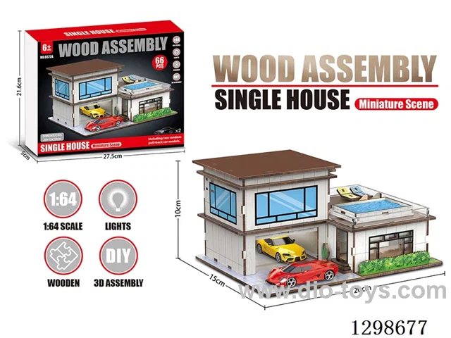 Wooden Toy Assembly Model Villa Scene + 2 random pull back cars