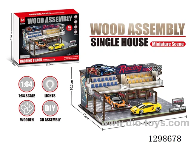 Wooden Toy Assembly Model Race Track Scene + 2 random pull back cars