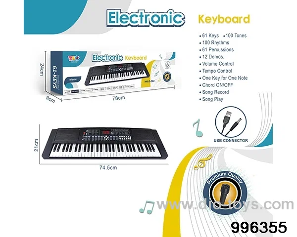 61 key multi-function electronic organ with digital, USB cable, microphone (black) in color box