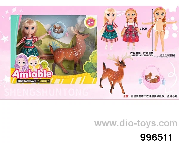 6-inch full-body articulated Aisha casual wear+plastic sika deer+dog+basket in window box