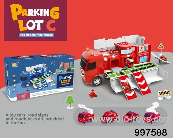 2 in 1 inertial deformational container truck moving fire-fighting parking lot with sounds and lights