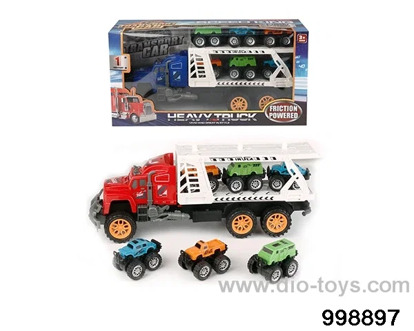 Inertia tractor towing 6 large wheeled vehicles (double deck) in window box