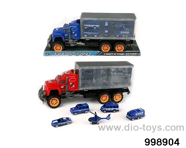 Inertia trailer carriage towing 4 police cars+aircraft (plastic) in PVC cover