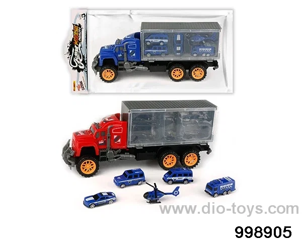 Inertia trailer carriage towing 4 police cars+aircraft (plastic) in PVC bag