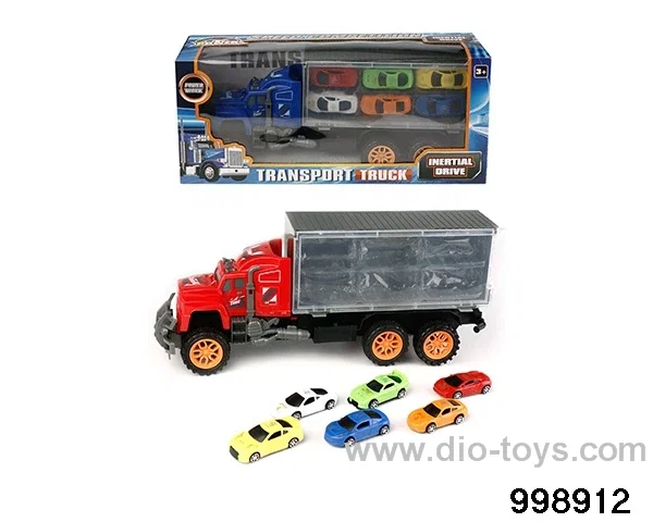 Inertia trailer carriage towing 6 solid color racing cars (plastic) in window box